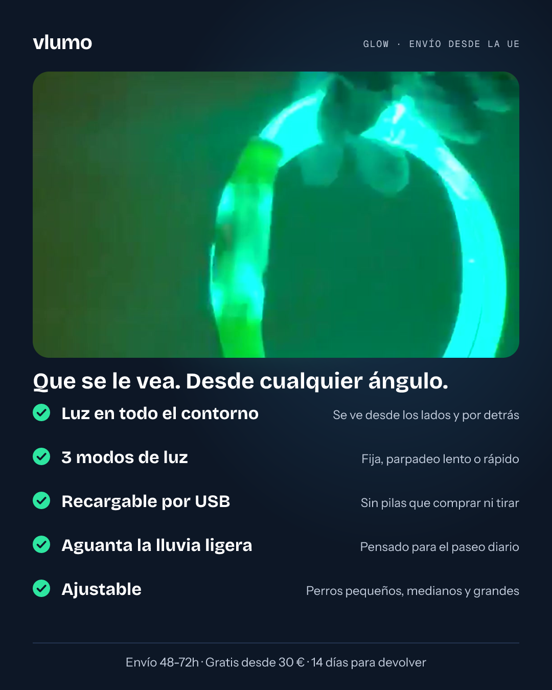 Beneficios del collar LED Vlumo Glow: luz en todo el contorno, 3 modos, recargable por USB, aguanta lluvia ligera, ajustable